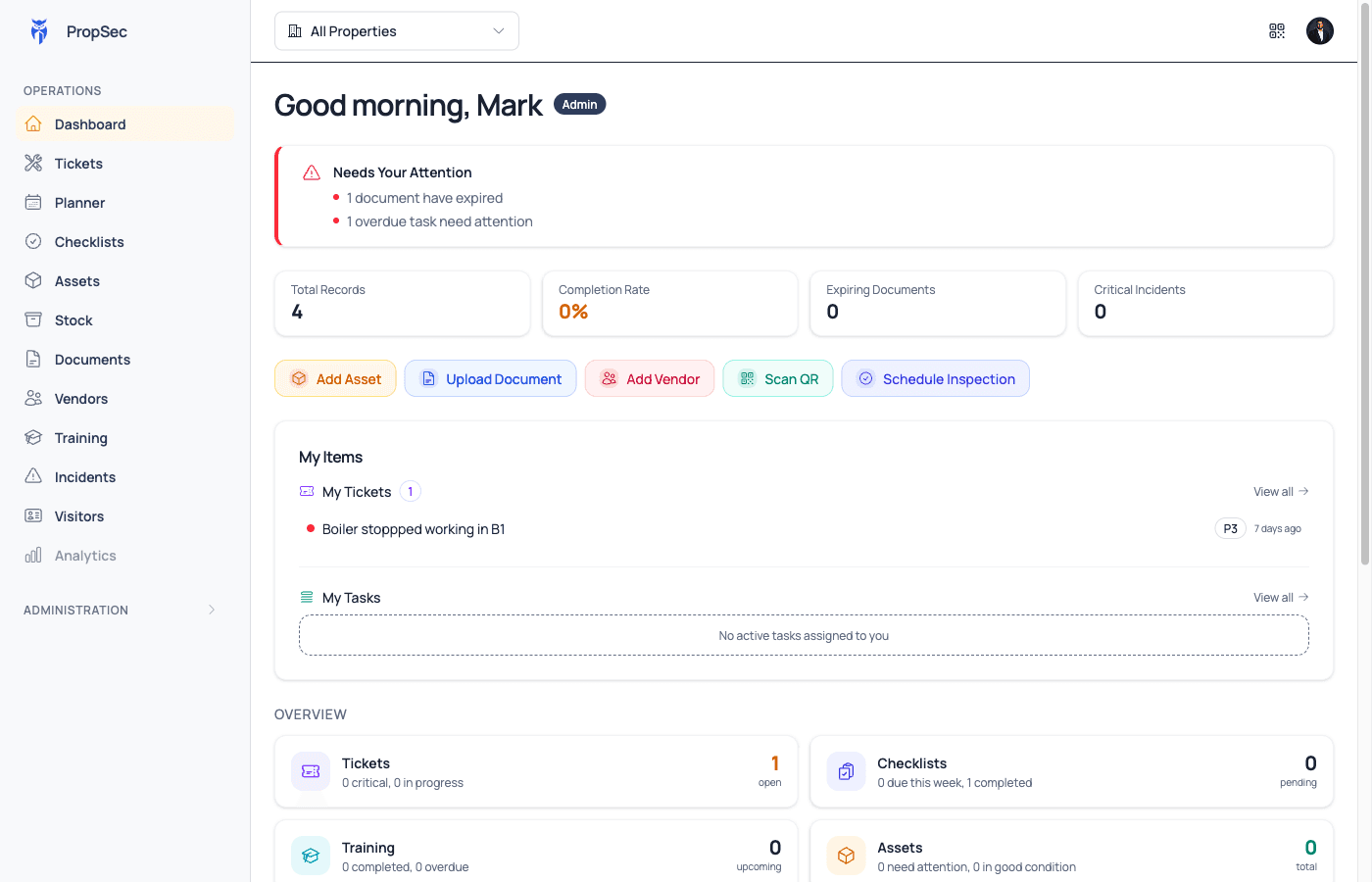 PropSec Dashboard: overview of compliance, maintenance, and operations